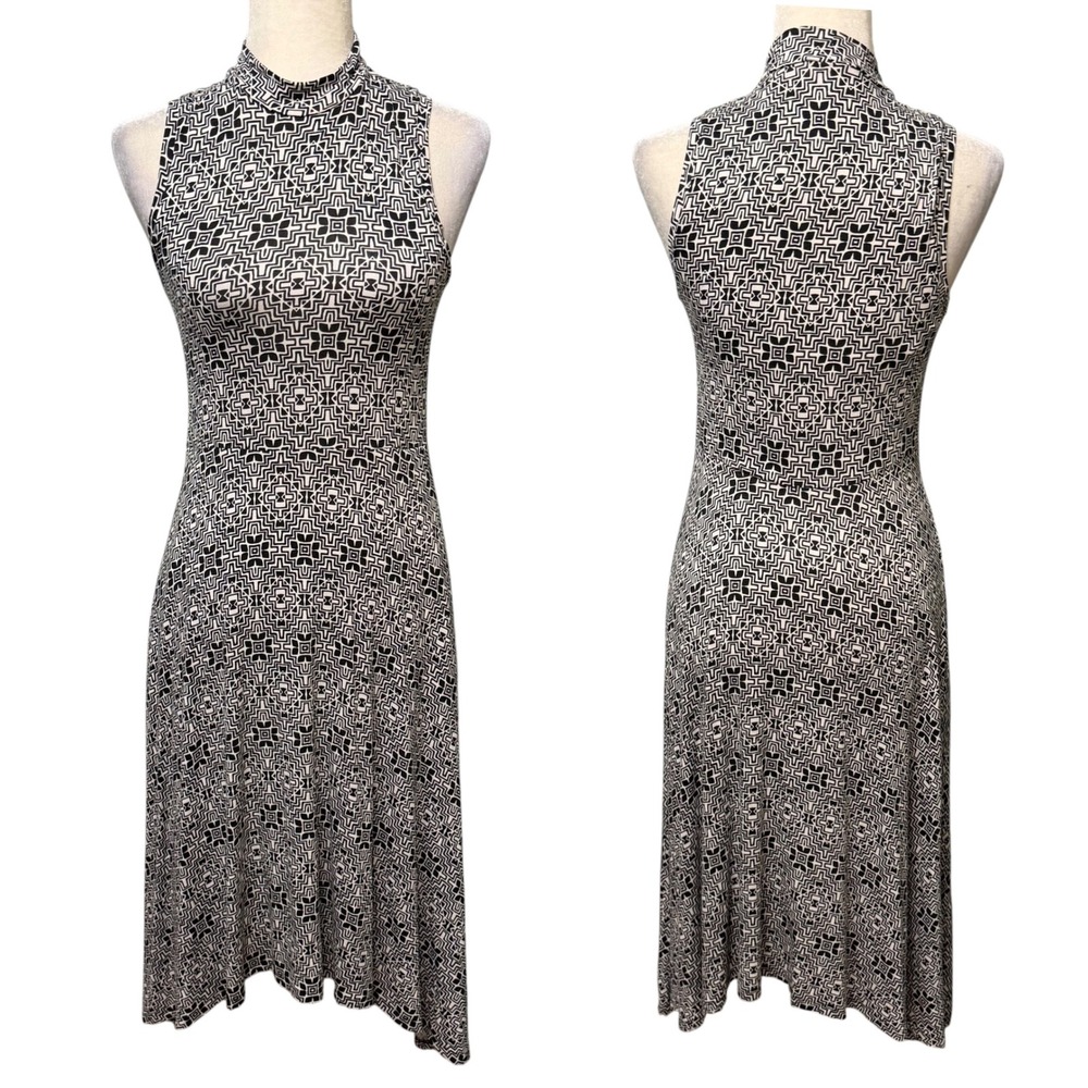 Maeve Anthropologie Dress Womens XS Black White Geometric Mock Neck Midi Pockets